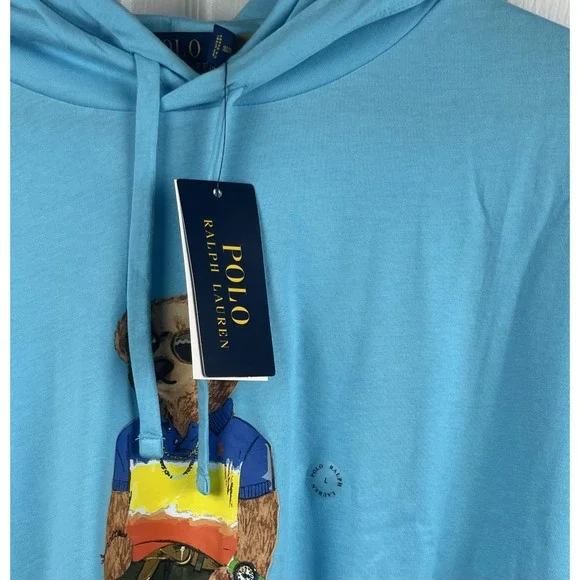 Polo Ralph Lauren Shirt Mens L Blue Hooded Long Sleeve Polo Bear Tee New w/Tags‎